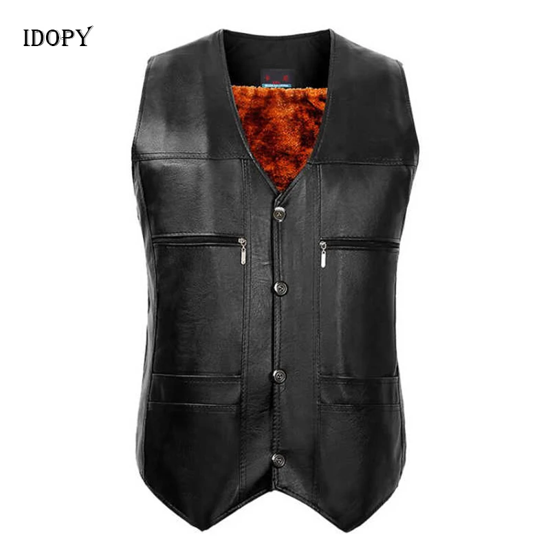 

Idopy Men`s Leather Vest Fur Lined Winter Warm Fleece Lining Faux Leather PU Sleeveless Jacket Waistcoat