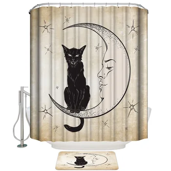

Cat Moon Stars Retro Shower Curtain with Hooks Doormat Bath Floor Mat Waterproof Polyester
