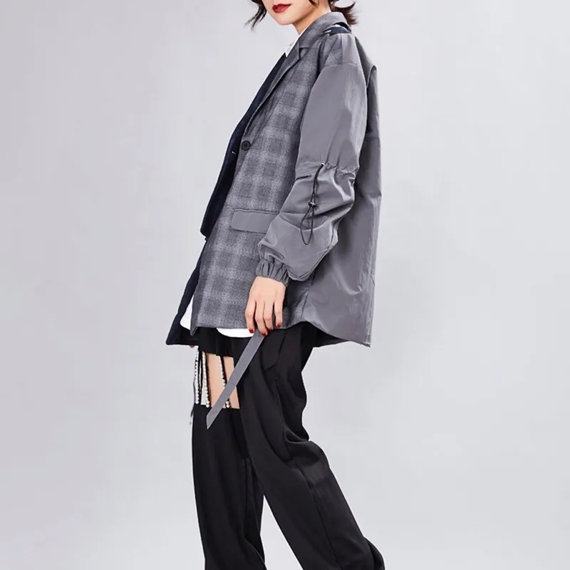 90% OFF Autumn Plaid Patchwork Women Blazer Lapel Collar Long Sleeve Hit Color Asymmetrical Hem Coat Female  Korean 45