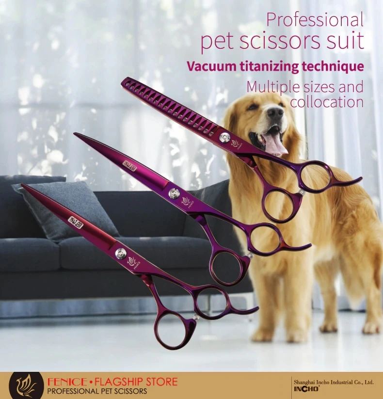 Fenice Professional Pet Grooming Scissors Set Purple Straight Curved Thinning Dog Hair Shear JP440C