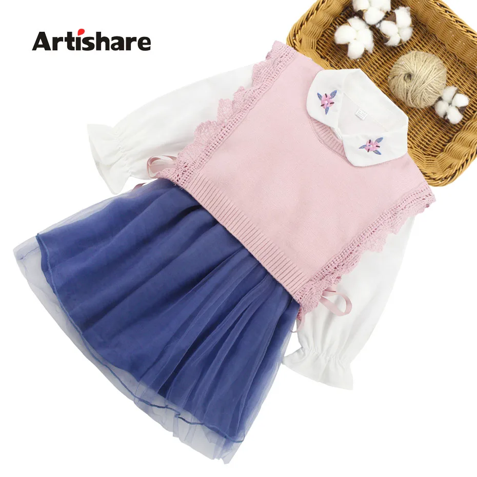 

Clothes For Girls Patchwork Dress + Knitted Vest 2PCS Girls Sets Clothing Teenage Kids Clothes For Girls New Year 6 8 10 12 14