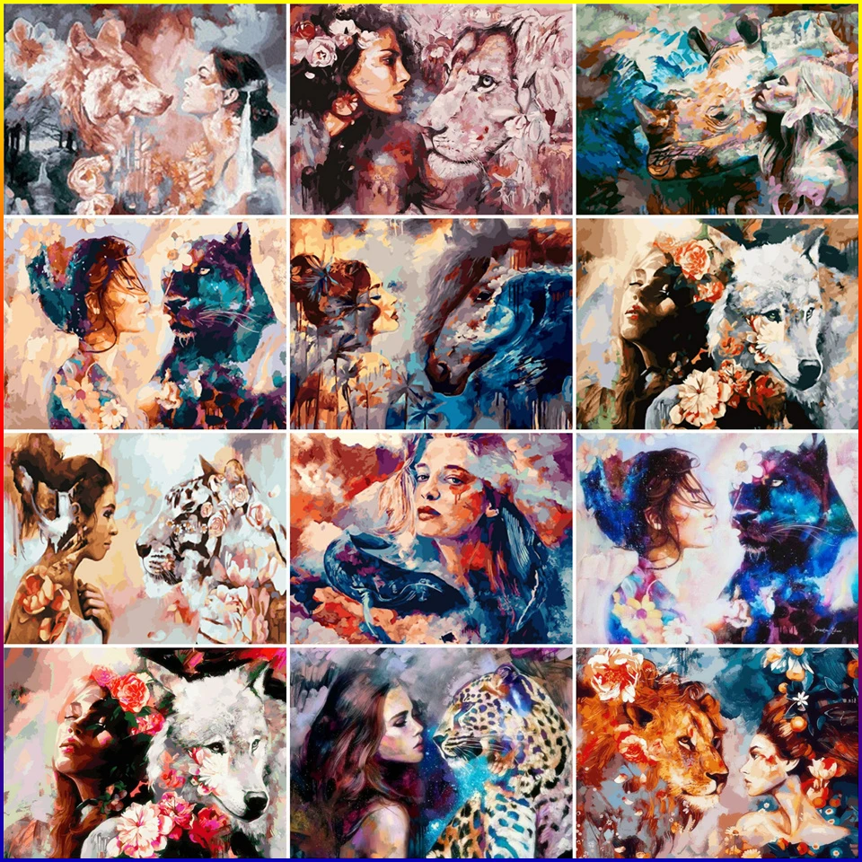 

AMTMBS Animal Colorful Paint Lion Girl Oil Painting By Numbers For Adults Paints By Numbers Canvas Painting DIY Gift Home Decor
