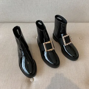 

MLJUESE 2021 women ankle boots cow leather winter short plush crystal round toe slip on high heels female women boots