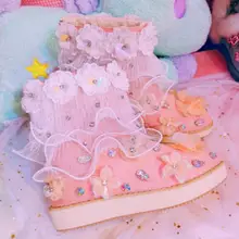 Женская обувь; женские ботинки; ботильоны; Сезон Зима; Новинка года; милая японская ручная работа с пайетками; ботинки на толстой подошве с цветочным кружевом; X133