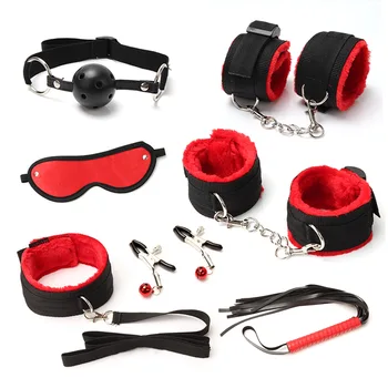 Leopard 7 Pcs set Sexy Lingerie PU Leather BDSM  Bondage Set Hand Cuffs Footcuff Whip Rope Blindfold Erotic  Toys 2