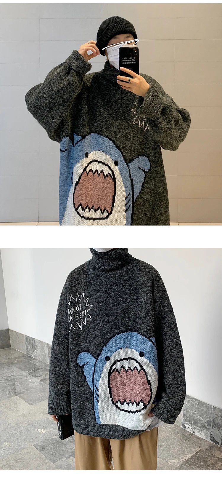 Men Turtlenecks Oversized Sweater Shark Letter JKP4765