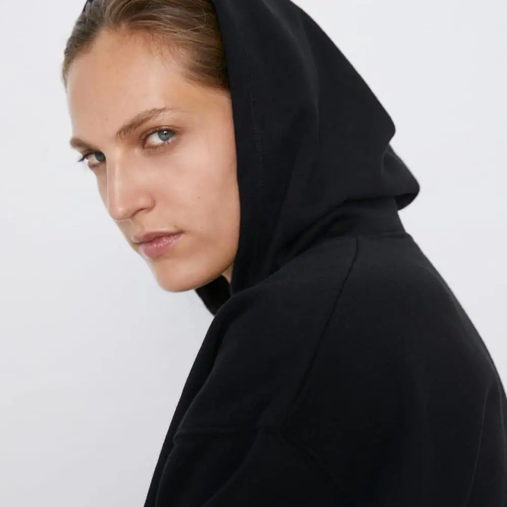 ZA модные повседневные черные женские толстовки с капюшоном; сезон осень модные уличные Свободные теплые толстовки с длинными рукавами женская осенняя одежда верхняя одежда