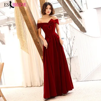 

Robe De Soiree Satin Burgundy Bow Boat Neck Off The Shoulder A-line Evening Dresses Special Occasion Gowns ES2994-1