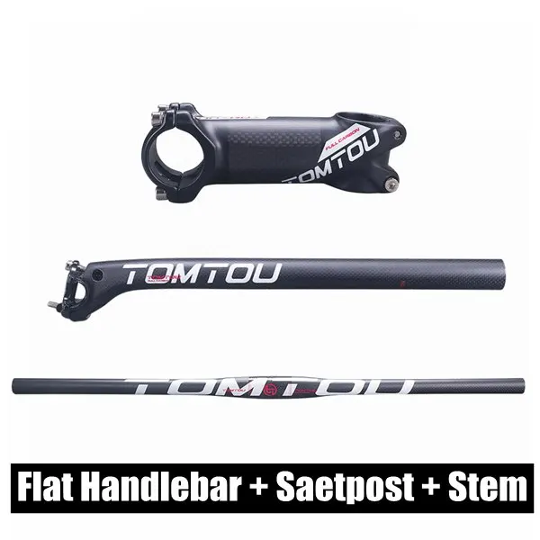 TOMTOU 3K Углеродное волокно руль для велосипеда MTB руль+ ствол+ подседельная труба для велосипеда горный части белый матовый-TW4T18 - Цвет: Flat Handlebar SETS