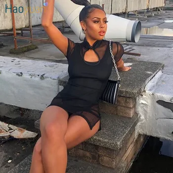 

HAOYUAN Sexy Black Mesh Sheer Vintage Club Party Dress Women 2020 Summer Clothes See Through Short Sleeve Bodycon Mini Dresses