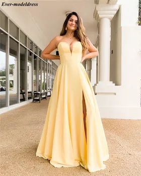

Simple Yellow 2020 Prom Dresses With Side Split Sweetheart Lace-Up Back A-Line Formal Evening Party Gowns Plus Size