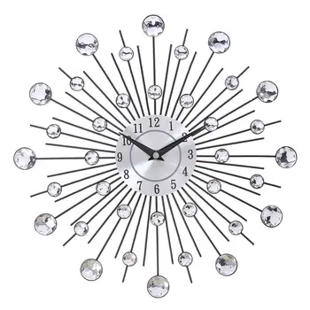 

33CM SILVER DIAMANTE BEADED JEWELED ROUND SUNBURST METAL WALL CLOCK