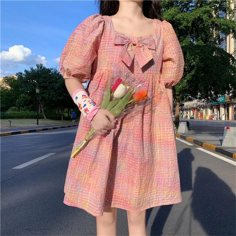 Japanese Sweet Kawaii Elegant Mori Girly Fairy Women Dress 2020 Summer Preppy Style Square Collar Bow Puff Sleeve Ruffles Female