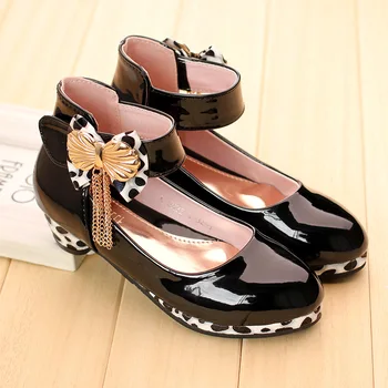 

2021 New Fashion Children Patent Leather Princess Shoes Girls Dance High-heeled Party Kids Shoes Black Student School Shoes
