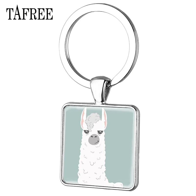 

TAFREE Cute Alpaca Square keychain Animal Keyring Charm Glass Round Pendant Key Chain For Women Jewelry YT07