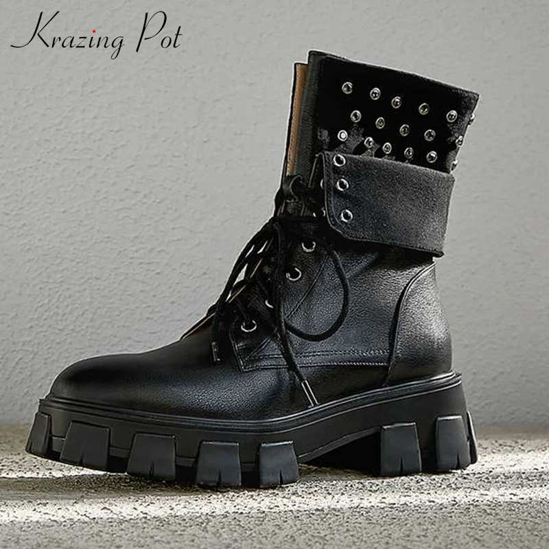 

krazing pot new arrival cow leather lace up leisure round toe French romantic punk design solid thick bottom mid-calf boots l49
