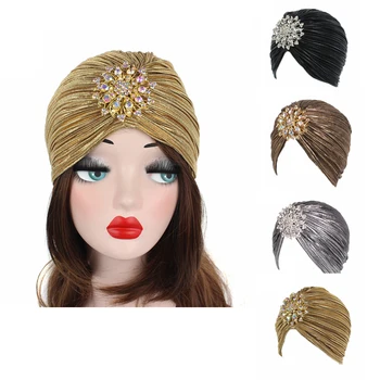 

Fashion Ladies Gold Silver Hair Caps Diamond Jewel Turban Hats For Women Chemo Bandana Hijab Pleated Indian Cap Hat Styling