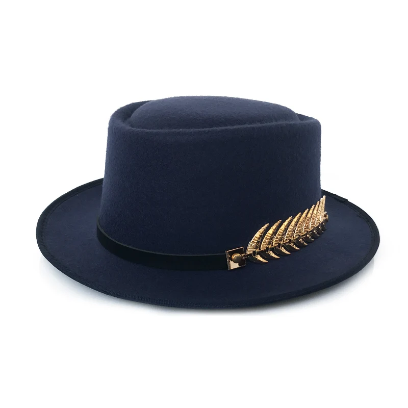 YY золотой пояс с перьями Fedora шляпа для мужчин плоский Топ шляпы Трилби для женщин свиной пирог джаз шляпа Классическая церковная Кепка FD19040 - Цвет: Navy Trilby Cap