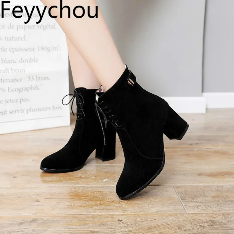 Boots Women Ankle Shoes Autumn Winter High Heel Flock Zip Martin Round Toe Square Cross-Tied 2021 Sexy Fashion Gray | Обувь