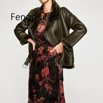 

Autumn Winter Women Sashes Pu Leather Coat Turn-Down Collar Zipper Warm Jacket Casual Imitation Fur Leather Jacket Outwear