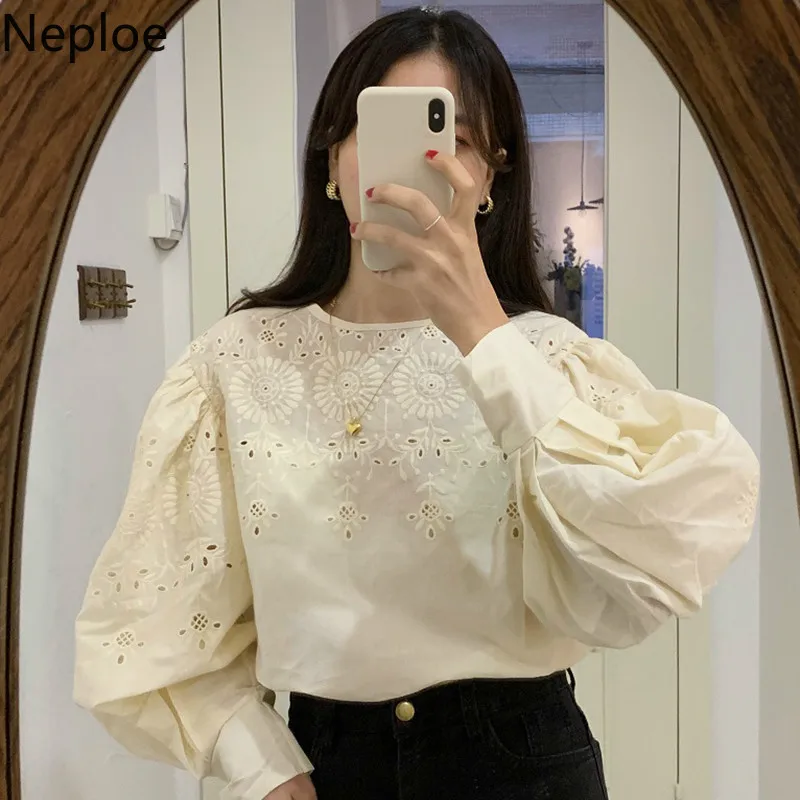 Neploe корейский шик суд стиль тяжелая работа крючок для вышивания цветок Блузка