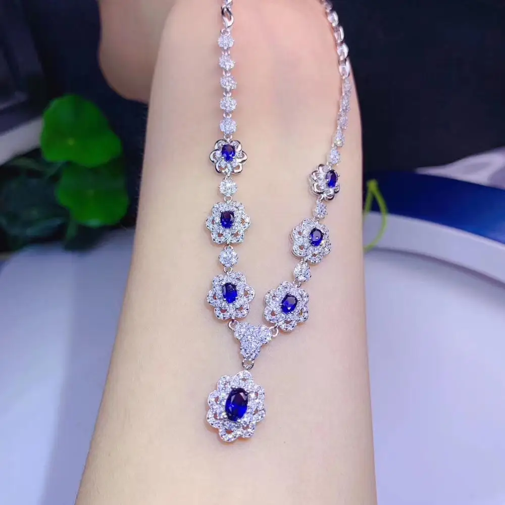Elegant Lovely Sun flower Natural blue sapphire Pendant necklace S925 silver Natural gemstone necklace girl gift fine jewelery