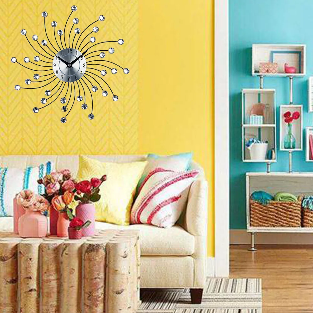 Wall Clock Sunburst Metal Decorative Crystal Art Celebration Easy Installation Home Use Rotating Gifts Quartz Movement Office