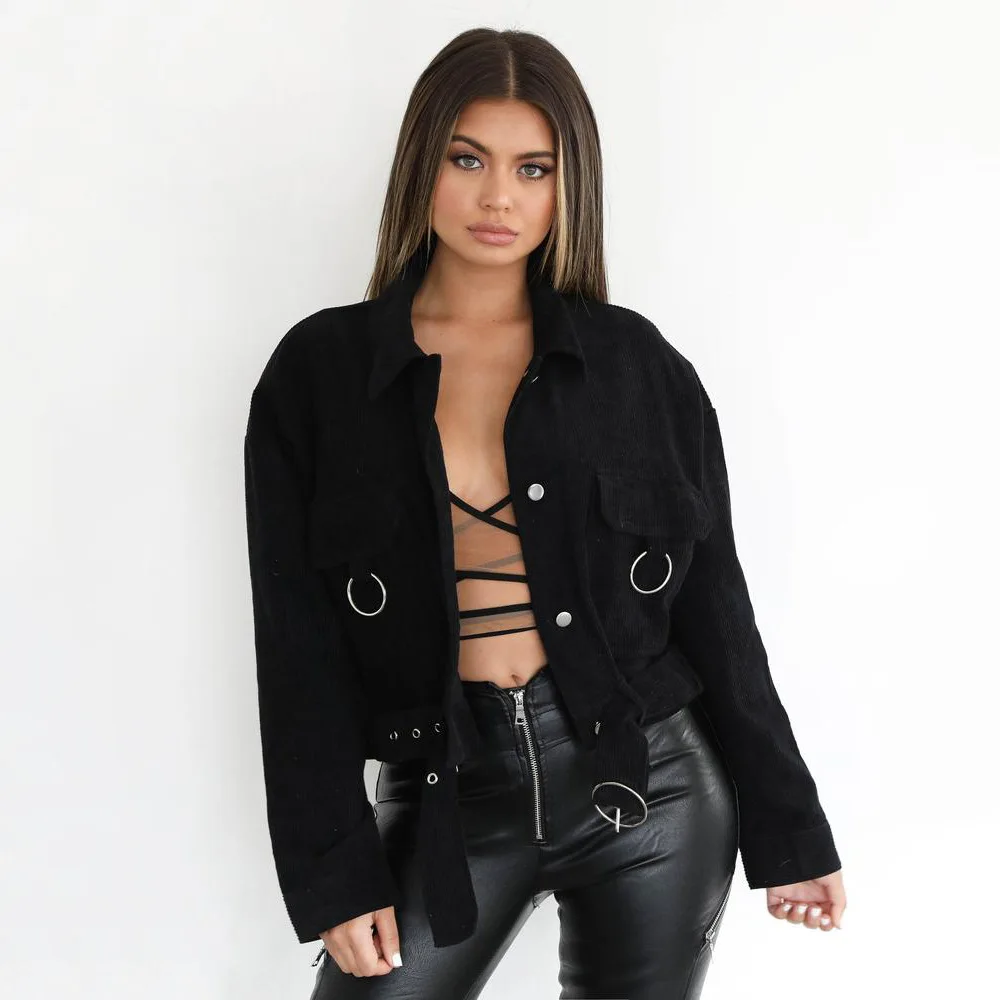 

Streetwear Long Sleeve Belt Button Pockets Autumn Coats Femme Khaki Black Turn-down Collar Loose Casual Corduroy Jackets Women
