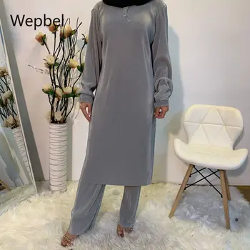 

Weppel Arab Simple Two-Piece Suit Solid Color Tops Plain Pleated Muslim Women's High Waist Pants Islamic Women Sets Outfits