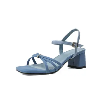 

Sweet buckle Women Sandals Square Toe Buckle High Heels Elegant Kid Suede leather Party Office Shoes Woman