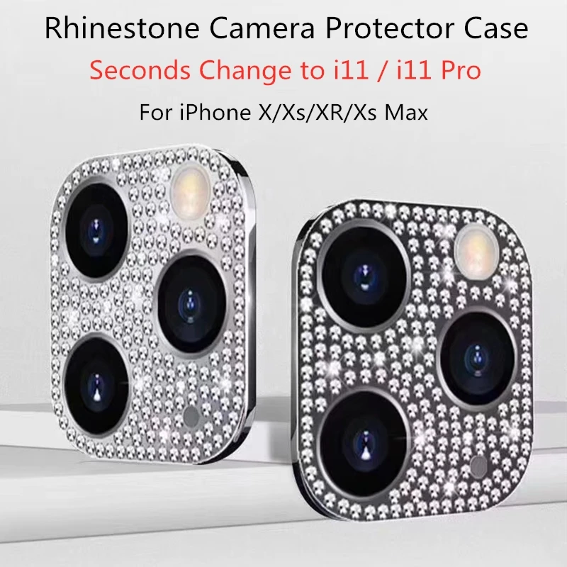 Блестящий металлический защитный чехол со стразами для камеры iPhone X Xs Max XR сменный