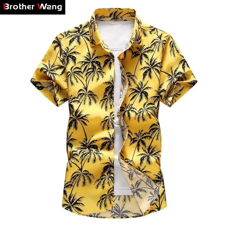 FRPE-Men Plus Size Summer Short Sleeve Button up Floral Print Hawaiian Shirt
