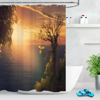 

Sea Sunrise Jungle Parrot Bathroom Shower Curtain Set Waterproof Fabric Hooks
