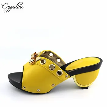 

Pretty Yellow Strange Heel Pumps African Women's Slipper Shoes For Party CR2135 Heel Height 7CM