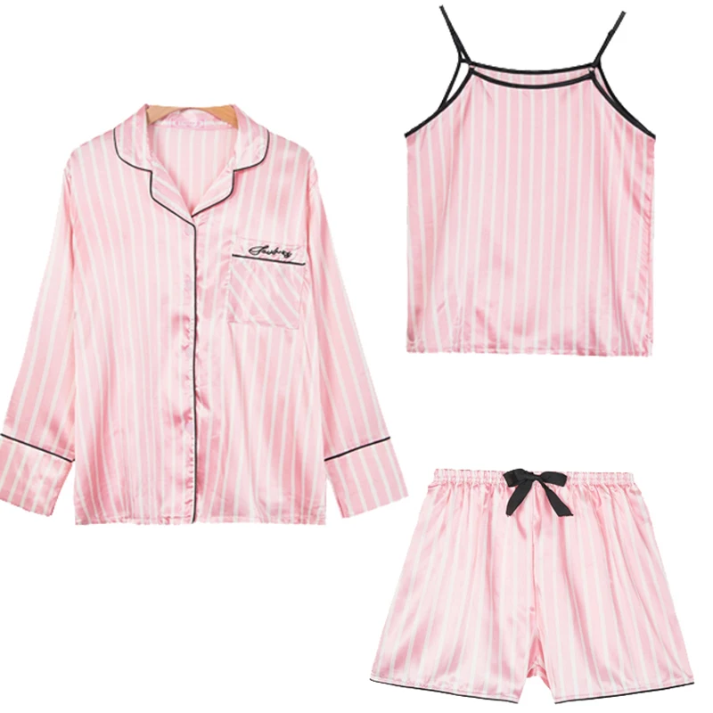 Pink Women's 7 Pieces Faux Silk Pajamas Sets