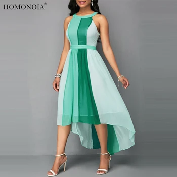 

Summer Women's Halter Irregular Circle Dress O Neck Spliced Sleeveless Short Front and Long Back Chiffon Midi Dress Plus Size