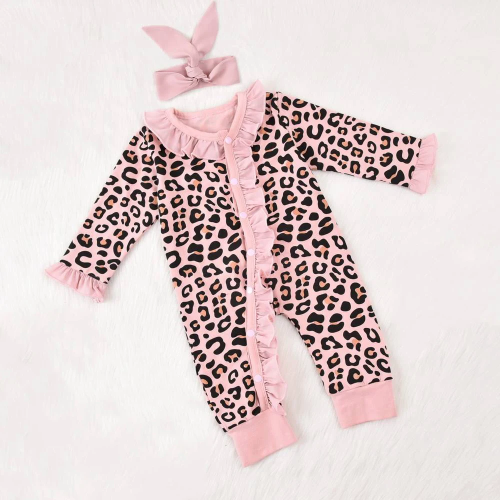 Baby Girl Pink Leopard Print Ruffled Long Sleeve Romper + Headband Cute Sets Newborn Clothes Bebi Bodysuits New 0-12M | Детская одежда