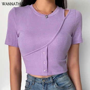 

WannaThis Hollow Out Short Sleeve Button Slim Crop Top Elastic Solid Color Casual Fashion Summer Cropped Shirts Women Streetwear