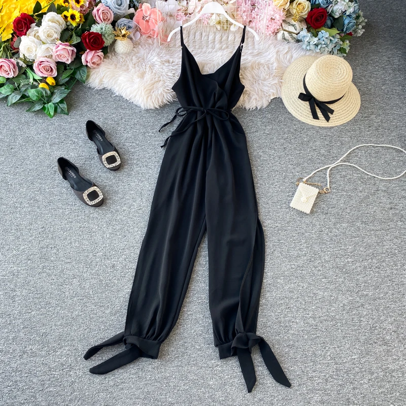 ALPHALMODA 2020 New Women Solid Sexy Jumpsuit Side Slit Binding Leg Ladies Summer Casual Sling Jumpsuit