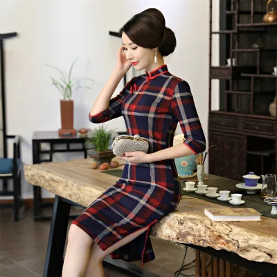 Sheng Coco женское трикотажное эластичное хлопковое платье Cheongsam клетчатое винтажное Сетчатое колено Qipao Китайский Восточный Стиль Одежда - Цвет: red retro qipao