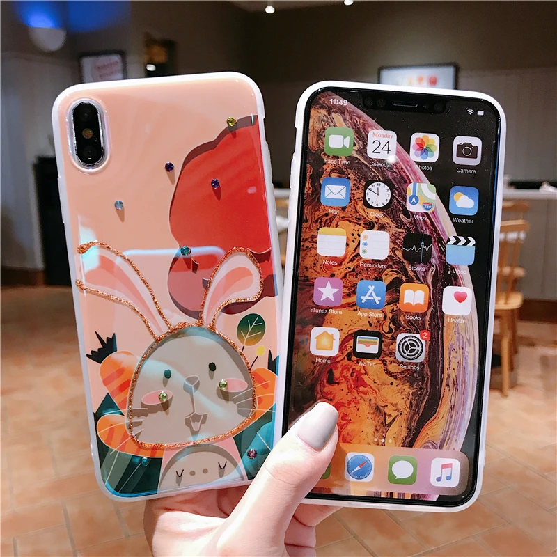 Милый мягкий силиконовый чехол с рисунком льва кролика для iPhone 11 Pro Xs Max X XR 6 6s 7 8 Plus Ювелирная Бриллиантовая задняя крышка Funda