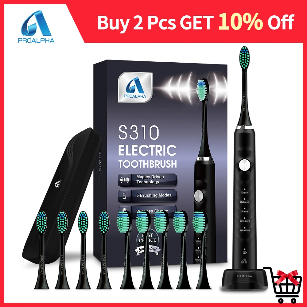 Electric Toothbrushes Proalpha S310 Rechargeable Adult Sonic teeth cleaner Travel Toothbrush with 9 soft replacement brush heads