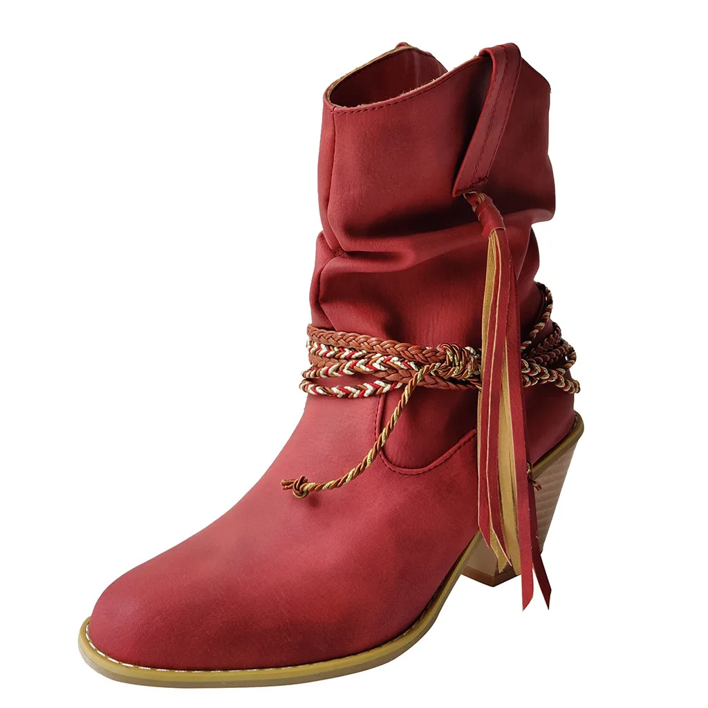 Gladiator Women's Rome Motorcycle Boots Winter Wide Calf Leather Short Boot Vintage Female Western High Heel Cowboy Shoes Tassel