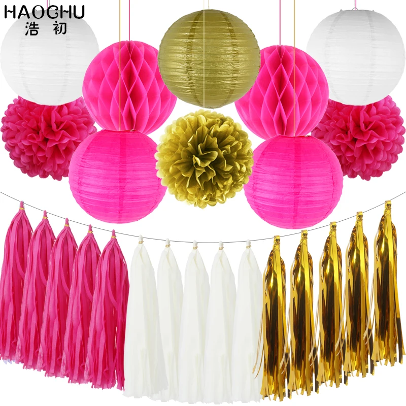 25pcs/set Gold White Round Hanging Paper Ball Lanterns Honeycomb Tissue Pom Poms Tassel Birthday Wedding Theme Party Decorations