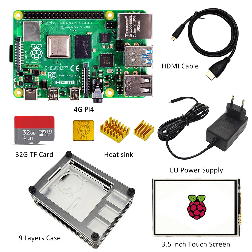 Raspberry pi 4 kit de 4gb, raspberry pi 4 con pantalla pi 4 + disipador de calor + adaptador de corriente + funda + 32GB SD + Cable HDMI + Pantalla de 3,5 pulgadas|Tablero de demostración| - AliExpress