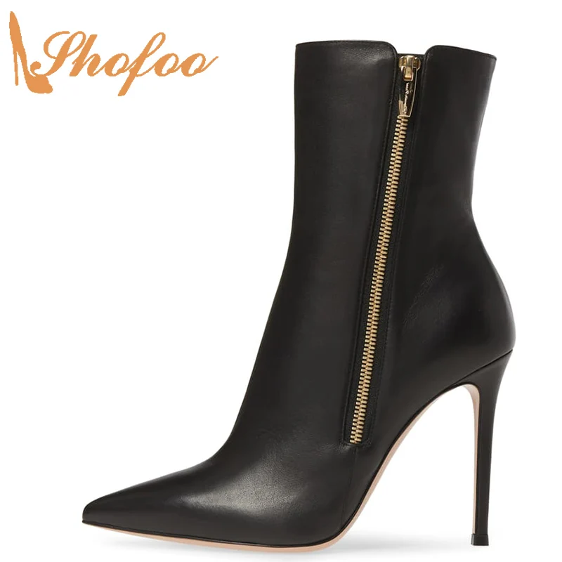 

Black Woman High Thin Heels Booties Pointed Toe Zipper Ankle Boots Large Size 12 15 Ladies Winter Fashion Mature Shoes Shofoo