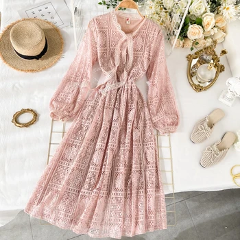 

FTLZZ Women Sweet Pink Fairy Dress Spring Summer Lace Hollow Out Bow Dress Elegant High Waist Puff Sleeve Vestido