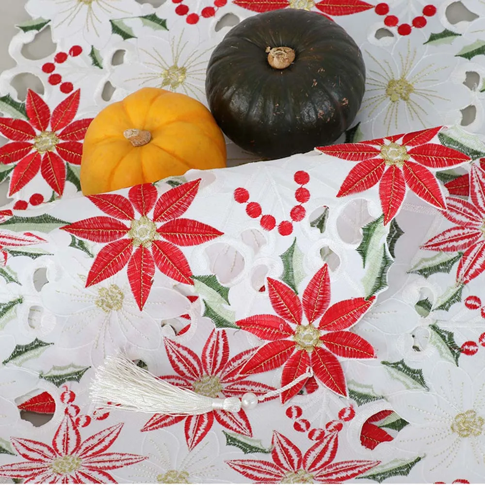 Embroidered Christmas Table Runner Poinsettia Holly Leaf Linens Table Cloth Home Table Decoration Xmas Party Supplie