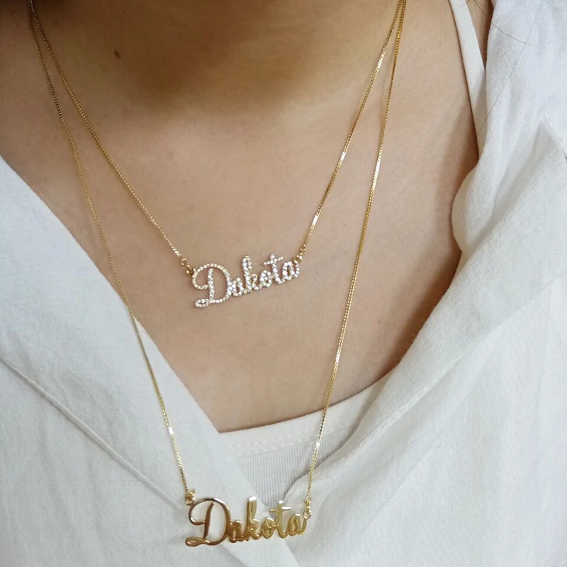 Custom Crystal Gold Nameplate Necklaces 