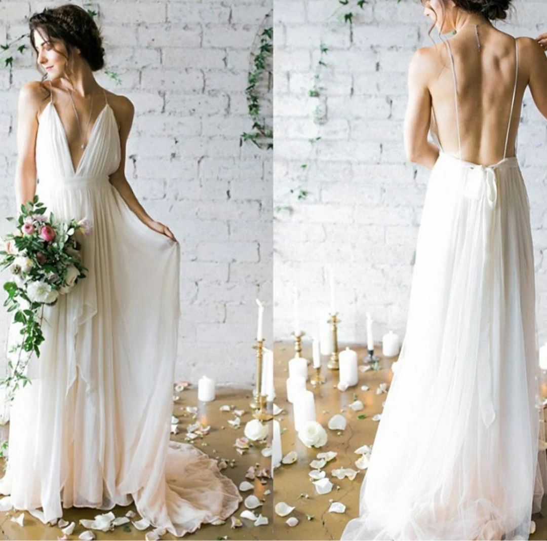 

Sexy A-Line Long V-Nek Wedding Dresses with Pockets Sweep Train Chiffon ivory Backless Brautkleid Robes de Soirée for Women
